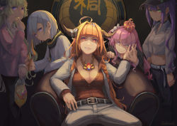 Rule 34 | 5girls, ahoge, alternate costume, amane kanata, arm at side, baseball cap, belt, black headwear, black pants, blonde hair, blue hair, breasts, brown shirt, chair, chips (food), choker, closed mouth, commentary request, crop top, crown, dragon horns, dress shirt, earrings, eating, food, formal, green eyes, gsong-chan, hair ornament, hairclip, halo, hand on another&#039;s cheek, hand on another&#039;s face, hand on own hip, hat, highres, himemori luna, holding, holding halo, holding hands, hololive, horns, jewelry, kiryu coco, large breasts, long hair, looking at viewer, multicolored eyes, multicolored hair, multiple girls, name connection, necklace, orange hair, pants, pink hair, pink shirt, pointy ears, potato chips, purple eyes, purple hair, ryuu ga gotoku (series), sheep horns, shirt, short hair, sitting, smile, smirk, squinting, standing, star halo, streaked hair, suit, tokoyami towa, tsunomaki watame, twintails, v-shaped eyebrows, virtual youtuber, white shirt