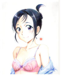 Rule 34 | 1girl, absurdres, black hair, blue eyes, bra, breasts, colored pencil (medium), dressing, hair up, highres, kimi wa houkago insomnia, magari isaki, simple background, small breasts, smile, solo, traditional media, underwear, upper body, white background, y takeshinu wan