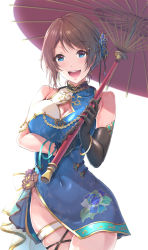 Rule 34 | 1girl, :d, asymmetrical gloves, bare shoulders, black gloves, blue eyes, breasts, china dress, chinese clothes, cleavage, cleavage cutout, clothing cutout, dress, elbow gloves, floral print, gloves, hair ornament, hairclip, highres, holding, holding umbrella, large breasts, looking at viewer, love live!, love live! sunshine!!, moridam, oil-paper umbrella, open mouth, short dress, short hair, simple background, sleeveless, sleeveless dress, smile, solo, thighlet, umbrella, watanabe you, white background