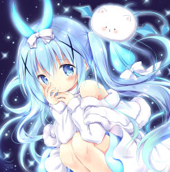 Rule 34 | 1girl, angora rabbit, animal, bare shoulders, blue eyes, blue hair, blue wings, blush, bow, capelet, closed mouth, commentary request, demon girl, demon horns, demon tail, dress, floating hair, fur-trimmed capelet, fur trim, gochuumon wa usagi desu ka?, hair between eyes, hair bow, hair ornament, hands up, horns, kafuu chino, long hair, long sleeves, looking at viewer, nanase miori, rabbit, signature, sleeves past wrists, tail, tippy (gochiusa), twintails, very long hair, white bow, white capelet, white dress, winged animal, wings, x hair ornament