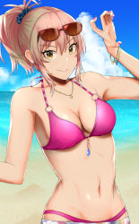 Rule 34 | 1girl, :&gt;, bare arms, bare shoulders, beach, bikini, blue scrunchie, breasts, cleavage, cloud, collarbone, commentary request, day, eyewear on head, glasses, hair ornament, hair scrunchie, highres, idolmaster, idolmaster cinderella girls, jougasaki mika, large breasts, looking at viewer, nail polish, navel, oribe (nopear), outdoors, pink bikini, pink hair, pink nails, scrunchie, smile, solo, sunglasses, swimsuit, upper body, yellow eyes