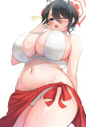 Rule 34 | 1girl, absurdres, animal ear fluff, animal ears, arm behind back, bare arms, bare shoulders, belly, bikini, black eyes, black hair, blue archive, blush, breasts, cleavage, cowboy shot, from below, hair between eyes, halo, hand up, highres, huge breasts, looking at viewer, looking down, minori (user eket5233), navel, one eye closed, open mouth, red halo, red sarong, sarong, short hair, simple background, solo, swept bangs, swimsuit, triangle mouth, tsubaki (blue archive), wet, white background, white bikini, wide hips, yawning
