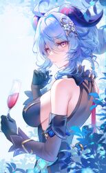 Rule 34 | 1girl, absurdres, alcohol, back, bare shoulders, black sleeves, blue background, blue dress, blue gloves, blue hair, breasts, cup, detached sleeves, dress, drinking glass, from side, ganyu (genshin impact), ganyu (twilight blossom) (genshin impact), genshin impact, gloves, goat horns, gz (gyoju), hair between eyes, hair bun, hair ornament, highres, horns, medium breasts, official alternate hairstyle, parted lips, playing with own hair, purple eyes, sideboob, sideless dress, sidelocks, solo, upper body, wine, wine glass