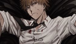 Rule 34 | 1boy, beaten, black necktie, blonde hair, blood, blood on clothes, blood on face, chainsaw man, cigarette, collared shirt, denji (chainsaw man), dirty, dirty clothes, dirty face, highres, ku ha, looking at viewer, necktie, nosebleed, saliva, shirt, short hair, sleeves rolled up, solo, trash bag, white shirt