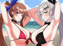 Rule 34 | 2girls, armpits, arms behind head, arms up, bare shoulders, beach, bikini, black bikini, blue eyes, blue ribbon, blurry, blurry background, blush, bow, bowtie, breasts, brown hair, cleavage, collarbone, fal (fal&#039;s summer) (girls&#039; frontline), fal (girls&#039; frontline), five-seven (cruise queen) (girls&#039; frontline), five-seven (girls&#039; frontline), girls&#039; frontline, hair ornament, hair ribbon, large breasts, licking lips, long hair, looking at viewer, multiple girls, official alternate costume, ponytail, presenting armpit, red bikini, ribbon, smile, sukoyugiri, swimsuit, tongue, tongue out, upper body, very long hair, white hair