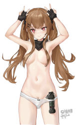 Rule 34 | 1girl, absurdres, black bow, black gloves, black scarf, bow, bow panties, brown hair, closed mouth, double w, female pubic hair, fingerless gloves, girls&#039; frontline, gloves, hair ribbon, hands up, highres, long hair, looking at viewer, military, navel, no pants, panties, pubic hair, red eyes, ribbon, sawkm, scar, scar across eye, scar on face, scarf, sidelocks, simple background, smile, solo, topless, twintails, ump9 (girls&#039; frontline), underwear, underwear only, w, white background, white panties