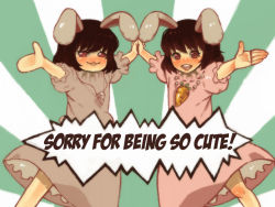 Rule 34 | 1girl, :3, :d, animal ears, blush, brown hair, drill, english text, female focus, inaba tewi, multiple views, open mouth, outstretched arms, rabbit ears, red eyes, simple background, smile, spread arms, standing, symmetrical hand pose, symmetry, touhou, yukkuri shiteitte ne