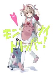 Rule 34 | &gt; &lt;, 1girl, apron, arm up, bandaged wrist, bandages, blush, collared dress, dress, full body, grin, hair ornament, hat, heart, heart print, higa (gominami), highres, holding, holding suitcase, light brown hair, long hair, looking at viewer, natori sana, nurse cap, open mouth, pink apron, pink hat, pocket, puffy short sleeves, puffy sleeves, rabbit hair ornament, red eyes, rolling suitcase, sana channel, short sleeves, slippers, smile, solo, song name, standing, suitcase, thighhighs, two side up, virtual youtuber, walking, white background, white dress, white thighhighs