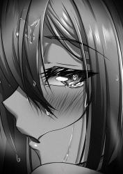 Rule 34 | 1girl, absurdres, arknights, blush, close-up, comic, from behind, greyscale, hair between eyes, heart, heart-shaped pupils, highres, long hair, looking at viewer, looking back, monochrome, saikre, schwarz (arknights), solo, symbol-shaped pupils