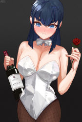 Rule 34 | 1girl, alcohol, bare shoulders, black hair, blue eyes, blush, bottle, breasts, cleavage, highres, kill la kill, kiryuuin satsuki, large breasts, leotard, long hair, looking at viewer, solo, wine