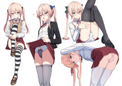 Rule 34 | 1girl, absurdres, ass, bent over, black footwear, black jacket, black thighhighs, blazer, blonde hair, blue eyes, blue panties, blush, brown footwear, brown vest, closed mouth, clothes lift, collared shirt, commentary request, hair between eyes, heart, highres, jacket, knee up, leg up, lifting own clothes, loafers, long hair, long sleeves, looking at viewer, multiple views, neck ribbon, open mouth, original, panties, partial commentary, pink panties, pleated skirt, red ribbon, red skirt, ribbon, school uniform, shirt, shoes, sitting, skirt, skirt lift, smile, striped clothes, striped thighhighs, thighhighs, twintails, underwear, vest, white panties, white shirt, white thighhighs, yakob labo