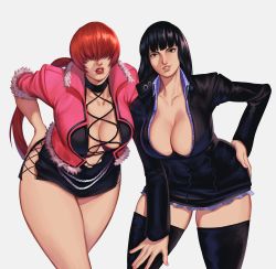Rule 34 | 2girls, absurdres, black hair, blouse, blue eyes, breasts, cleavage, clothing cutout, collarbone, collared shirt, grey background, hand on own hip, highres, jewelry, large breasts, long hair, looking at viewer, mortificent, multiple girls, nico robin, one piece, open clothes, open mouth, open shirt, shermie (kof), shirt, smile, snk, the king of fighters, the king of fighters xv, thighhighs, very long hair, wide hips