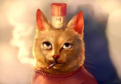 Rule 34 | 1other, animal focus, black eyes, blouse, burgerpants, cat, hat, looking at viewer, maa tc, mini hat, realistic, red shirt, shadow, shirt, simple background, smoking, undertale, upper body
