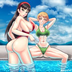 Rule 34 | 2girls, abs, absurdres, amagi yukiko, armpits, arms behind head, arms up, ass, assymptoad, bikini, bikini pull, black hair, breasts, brown hair, cameltoe, cleavage, clothes pull, highres, large breasts, legs, leotard, lips, lipstick, long hair, looking at viewer, makeup, multiple girls, naughty face, navel, one-piece swimsuit, persona, persona 4, pool, poolside, satonaka chie, short hair, sideboob, smile, sports bikini, sports bra, sportswear, swimsuit, thighs, thong, thong bikini, thong leotard, thong one-piece swimsuit, toned, toned female, toned stomach