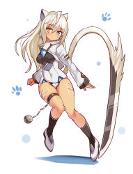 Rule 34 | 1girl, animal ears, ball and chain (weapon), black socks, blue eyes, cat ears, cat girl, cat tail, clenched hand, closed mouth, commentary, cougar (cougar1404), covered navel, cropped jacket, facial mark, jacket, light frown, long hair, long sleeves, looking at viewer, original, panties, paw print, shadow, shirt, shoes, silui (cougar1404), socks, solo, standing, standing on one leg, sword, tail, tan, thigh strap, underwear, weapon, whisker markings, white footwear, white hair, white jacket, white panties, white shirt, yellow eyes