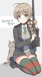 Rule 34 | 1girl, ahoge, animal ears, anti-materiel rifle, black footwear, black jacket, black ribbon, blazer, blue eyes, blush, boots, boys anti-tank rifle, braid, brown hair, brown sweater, cat, character name, commentary, dress shirt, green necktie, green thighhighs, gun, hair over shoulder, hair ribbon, holding, holding gun, holding weapon, jacket, kneeling, light blush, long hair, looking at viewer, lynette bishop, multicolored clothes, multicolored legwear, necktie, no pants, open mouth, ribbon, rifle, shirt, single braid, smile, sniper rifle, solo, strike witches, striped clothes, striped thighhighs, sweater, thighhighs, totonii (totogoya), v-neck, weapon, white shirt, wing collar, world witches series