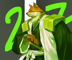 Rule 34 | 1boy, absurdres, animal ear fluff, animal ears, armor, black kimono, bleach, bow, clenched teeth, closed mouth, coat, cowboy shot, fighting stance, from side, furry, furry male, green theme, grey background, hand up, haori, hieumay, highres, japanese clothes, kimono, komamura sajin, layered clothes, long sleeves, looking to the side, male focus, number background, pauldrons, ready to draw, sharp teeth, shinigami, shoulder armor, simple background, snout, solo, standing, taichou haori, teeth, two-tone background, wide sleeves, wolf boy, wrist guards, yellow eyes, zanpakutou