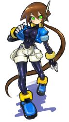 Rule 34 | 1girl, absurdres, aile (mega man zx), blue footwear, blush, bodystocking, bodysuit, breasts, brown hair, covered erect nipples, cropped jacket, dakusuta, full body, gloves, green eyes, hair between eyes, highres, impossible clothes, layered sleeves, long hair, long sleeves, looking at viewer, mega man (series), mega man zx, mega man zx advent, pantyhose, pantyhose under shorts, ponytail, puffy short sleeves, puffy sleeves, robot ears, short over long sleeves, short sleeves, shorts, simple background, skin tight, solo, spandex, very long hair, white background, white shorts