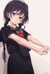 Rule 34 | 1girl, black hair, black sailor collar, black serafuku, black shirt, black skirt, blouse, bow, braid, brown background, commentary request, highres, long hair, looking at viewer, original, outstretched arms, parted lips, pleated skirt, purple eyes, red bow, sailor collar, school uniform, serafuku, sha2mo, shirt, short sleeves, signature, single braid, skirt, solo, twin braids, very long hair
