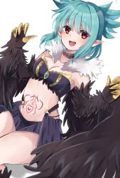 Rule 34 | 1girl, black feathers, black wings, blue hair, blush, breasts, claws, cleavage, collar, commentary request, commission, feathers, harpy, highres, indie virtual youtuber, lincoro, monster girl, navel, open mouth, pointy ears, ponta (wwtaimeww), red eyes, short hair, short twintails, simple background, skeb commission, small breasts, solo, stomach tattoo, tattoo, twintails, virtual youtuber, white background, winged arms, wings