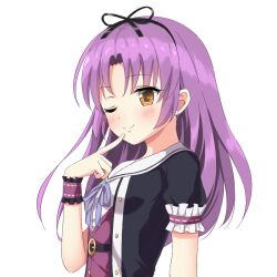 Rule 34 | 1girl, belt, black bow, black bowtie, black shirt, blush, bow, bowtie, buttons, cassis (orleans13x), commentary request, curtained hair, eiyuu densetsu, frilled wristband, long hair, one eye closed, purple hair, renne (eiyuu densetsu), shirt, simple background, smile, solo, white background, wristband, yellow eyes