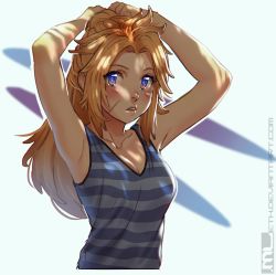 Rule 34 | 1girl, adjusting hair, armpits, arms up, blonde hair, blue eyes, blush, borrowed character, breasts, cleavage, commentary, dappled sunlight, eleni (amylrun), facing viewer, highres, looking to the side, mleth, original, ponytail, scar, small breasts, solo, standing, striped, sunlight, symbol-shaped pupils, tank top, upper body