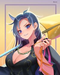 Rule 34 | 1girl, absurdres, artist name, black shirt, blue eyes, blue hair, blue nails, breasts, cleavage, earrings, highres, himemushi momoyo, jewelry, looking at viewer, nail polish, recare, ribbon, shirt, shovel, smile, solo, touhou, upper body