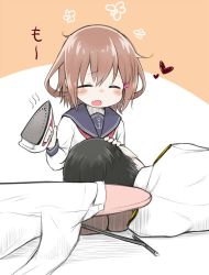 Rule 34 | 10s, 1boy, 1girl, admiral (kancolle), anchor symbol, black hair, brown hair, closed eyes, clothes iron, commentary request, fang, hair ornament, hairclip, heart, ikazuchi (kancolle), kantai collection, lap pillow, long sleeves, lying, military, military uniform, myonde, on side, open mouth, pantyhose, school uniform, seiza, serafuku, short hair, simple background, sitting, uniform
