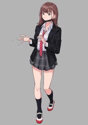 Rule 34 | 1girl, absurdres, black eyes, black jacket, black mask, black socks, brown hair, closed mouth, collared shirt, diagonal-striped clothes, diagonal-striped necktie, earrings, full body, grey background, grey skirt, highres, jacket, jewelry, kneehighs, looking at viewer, mask, mask pull, medium hair, miniskirt, mouth mask, necktie, open clothes, open jacket, original, plaid, plaid skirt, pleated skirt, red necktie, school uniform, shirt, shirt tucked in, simple background, skirt, socks, solo, striped clothes, stud earrings, tinkie, white shirt