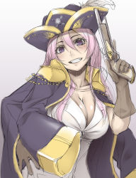 Rule 34 | 1girl, antique firearm, blouse, breasts, cleavage, collared jacket, copyright request, firearm, firelock, flintlock, gloves, grin, gun, hand on own hip, hat, hat feather, jacket, jacket on shoulders, leather, leather gloves, looking at viewer, pink hair, pirate hat, purple eyes, shirt, sketch, skull and crossbones, smile, solo, trigger discipline, upper body, weapon, white shirt, yuru