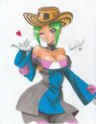 Rule 34 | 1girl, 2020, artist name, bare shoulders, breasts, cerebella (skullgirls), cleavage, commission, dress, eyeshadow, gloves, green hair, green lips, grey pants, hat, heart, highres, large breasts, makeup, medium hair, multicolored clothes, multicolored dress, neck ribbon, one eye closed, pants, purple eyes, purple eyeshadow, ravernclouk design, ribbon, sideboob, sidelocks, skullgirls, solo, traditional media, white background, white gloves
