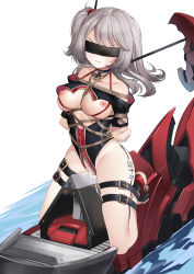 Rule 34 | 1girl, absurdres, arms behind back, azur lane, bare shoulders, bdsm, black choker, black swimsuit, blindfold, bondage, bound, breasts, character name, choker, grey hair, guangmi, highres, iron cross, long hair, looking at viewer, mechanical animal, medium breasts, nipples, one-piece swimsuit, pussy juice, restrained, rope, shibari, shibari over clothes, simple background, swimsuit, thigh strap, tied up, u-410 (azur lane), water, white background, wooden horse