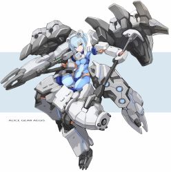 Rule 34 | 1girl, alice gear aegis, blue background, blue bodysuit, blue eyes, blue hair, bodysuit, breasts, closed mouth, commentary request, copyright name, full body, gun, hair between eyes, head tilt, headgear, highres, holding, holding gun, holding weapon, karukan (monjya), looking at viewer, mecha musume, medium breasts, nina kalinina, solo, two-tone background, weapon, white background