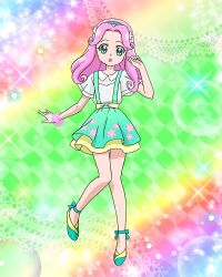 Rule 34 | 1girl, aqua eyes, bracelet, full body, green footwear, green skirt, hanami kotoha, highres, jewelry, long hair, mahou girls precure!, official art, open mouth, pink hair, precure, precure connection puzzlun, skirt, solo, suspenders, third-party source