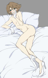 Rule 34 | 10s, 1boy, ass, bed, bed sheet, blush, brown hair, cardfight!! vanguard, full body, green eyes, highres, kai toshiki, looking away, male focus, muscular, nude, pillow, smile, solo, tagme