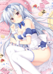Rule 34 | 1girl, alice (alice in wonderland), alice in wonderland, ass, bare shoulders, bed sheet, blue dress, blue ribbon, blue sleeves, bottomless, breasts, card, checkerboard cookie, cleavage, commentary request, cookie, detached sleeves, dress, eat me, feet out of frame, food, frilled dress, frilled pillow, frilled thighhighs, frills, hair between eyes, hair bobbles, hair ornament, hair ribbon, heart, heart-shaped pillow, highres, korie riko, long hair, lying, medium breasts, on side, pillow, pink eyes, playing card, puffy short sleeves, puffy sleeves, ribbon, short sleeves, silver hair, solo, spade (shape), strapless, strapless dress, thighhighs, two side up, very long hair