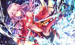 Rule 34 | 1girl, bare shoulders, black thighhighs, breasts, center opening, cleavage, detached sleeves, elbow gloves, fingerless gloves, gloves, guilty crown, hair ornament, hairclip, long hair, looking at viewer, navel, official art, pink hair, red eyes, solo, thighhighs, twintails, tyouya, yuzuriha inori