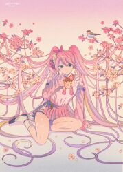 Rule 34 | 1girl, absurdly long hair, bird, blue background, blue eyes, dated, detached sleeves, flower, frilled sleeves, frills, full body, gradient background, highres, long hair, long sleeves, looking at viewer, original, pink background, pink flower, pink hair, pink shirt, pink skirt, pleated skirt, shirt, shoes, sitting, skirt, solo, tree, very long hair, yuuinami