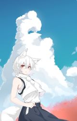 Rule 34 | 1641 (chfhrtor94), 1girl, animal ear fluff, animal ears, black skirt, clenched hand, cloud, cloudy sky, commentary, cowboy shot, day, hair between eyes, highres, inubashiri momiji, looking at viewer, no headwear, orange eyes, parted lips, pom pom (clothes), shirt, short hair, sideways glance, skirt, sky, sleeveless, sleeveless shirt, solo, tail, touhou, turtleneck, vest, white hair, white shirt, white vest, wolf ears, wolf girl, wolf tail