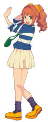 1girl asamoto bag black_socks brown_hair female_focus full_body green_eyes hair_ornament handbag idolmaster idolmaster_(classic) looking_back pleated_skirt shirt shoes simple_background skirt sleeves_pushed_up smile socks solo standing striped_clothes striped_shirt takatsuki_yayoi twintails white_background