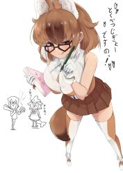 Rule 34 | 3girls, :p, alternate eyewear, animal ears, blowhole, brown legwear, brown skirt, brown vest, cetacean tail, commentary request, common dolphin (kemono friends), cosplay, dhole (kemono friends), dog ears, dog girl, dog tail, dolphin girl, dorsal fin, extra ears, fins, fish tail, gakukuru, glasses, gloves, highres, kemono friends, light brown hair, looking at viewer, looking over eyewear, meerkat (kemono friends), meerkat (kemono friends) (cosplay), multicolored hair, multiple girls, pencil, pleated skirt, skirt, sleeveless, tail, thighhighs, tongue, tongue out, translation request, two-tone hair, two-tone legwear, two-tone vest, vest, white gloves, white hair, white legwear, white vest, zettai ryouiki