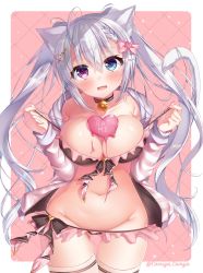 Rule 34 | 1girl, :d, ahoge, animal ear fluff, animal ears, bare shoulders, bell, blue eyes, blush, bow, bra, breasts, brown bra, brown panties, candy, cat ears, cat girl, cat tail, chocolate, chocolate heart, choker, cleavage, collarbone, commentary request, cowboy shot, dripping, eat me, fang, food, front-tie top, gluteal fold, groin, hair between eyes, hair bow, hair ornament, hands up, heart, heart hair ornament, heterochromia, highres, jacket, jingle bell, komiya hitoma, large breasts, long hair, long sleeves, looking at viewer, navel, open clothes, open jacket, open mouth, original, panties, pink bow, pink eyes, pink jacket, side-tie panties, sidelocks, silver hair, smile, solo, standing, stomach, strap pull, striped clothes, striped jacket, tail, tears, thigh gap, thighhighs, twitter username, underwear, valentine, very long hair, white thighhighs