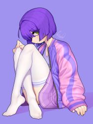 Rule 34 | 1girl, ahoge, bob cut, bra, breasts, cleavage, closed mouth, clothes pull, crossed legs, eyes visible through hair, green eyes, highres, jacket, long sleeves, looking at viewer, medium hair, open clothes, open jacket, original, pink jacket, purple background, purple bra, purple theme, signature, simple background, sitting, sleeves past wrists, small breasts, solo, sparrowl, sports bra, thighhighs, thighhighs pull, underwear, white thighhighs