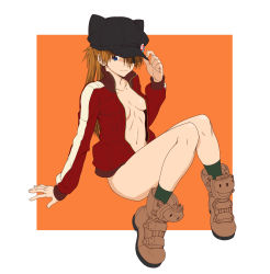 Rule 34 | 1girl, :3, animal ears, animal hat, arm support, bad id, bad pixiv id, badge, black hat, blue eyes, boots, bottomless, breasts, breasts apart, button badge, cabbie hat, center opening, cleavage, collarbone, dbqp, eyepatch, fake animal ears, flat color, full body, green socks, hair over one eye, hat, hat ornament, hat tip, high collar, highres, invisible chair, jacket, knees together feet apart, knees up, light smile, long hair, long sleeves, looking at viewer, naked jacket, navel, neon genesis evangelion, no bra, no panties, open clothes, open jacket, orange background, orange hair, outside border, rebuild of evangelion, simple background, single vertical stripe, sitting, small breasts, smile, socks, solo, souryuu asuka langley, stomach, striped clothes, striped socks, track jacket, two side up, vertical-striped clothes, vertical-striped socks