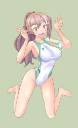 Rule 34 | 1girl, barefoot, breasts, brown eyes, brown hair, commentary request, competition swimsuit, full body, gluteal fold, grey background, hair ornament, hairclip, hayama mido, hayama mido ch., highres, id card, long hair, looking at viewer, medium breasts, mole, mole under eye, one-piece swimsuit, open mouth, ponytail, simple background, solo, swimsuit, two-tone swimsuit, virtual youtuber, wani no sashimi, wavy mouth, white one-piece swimsuit