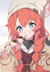 Rule 34 | 1girl, binah (blue archive), blue archive, blue eyes, blush, braid, brown hat, brown jacket, brown shirt, collared shirt, food, grin, hair between eyes, halo, hat, highres, holding, holding food, jacket, long hair, long sleeves, looking at viewer, maki (blue archive), maki (camp) (blue archive), official alternate costume, open clothes, open jacket, red hair, red halo, shirt, smile, solo, twin braids, upper body, white shirt, yucblossom