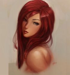 Rule 34 | 1girl, bad id, bad tumblr id, bare shoulders, female focus, green eyes, highres, lips, long hair, looking at viewer, original, profile, raikoart, red hair, signature, simple background, solo, topless frame, upper body