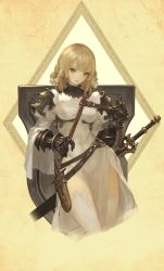Rule 34 | 1girl, armor, blonde hair, blush, breasts, closed mouth, copyright request, cropped legs, dress, gauntlets, head tilt, medium breasts, n.a., sheath, sheathed, shield, short sword, solo, sword, thighhighs, weapon, white dress, white thighhighs, yellow eyes