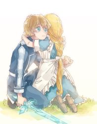 Rule 34 | 1boy, 1girl, age difference, alice zuberg, apron, blonde hair, blue dress, blue eyes, blue pants, blue rose sword, blue shirt, braid, braided ponytail, commentary request, crying, crying with eyes open, dress, eugeo, hair between eyes, hair ribbon, height difference, highres, holding, holding sword, holding weapon, hug, kneeling, long hair, lulu 7825, pants, ribbon, shirt, short hair, simple background, single braid, sword, sword art online, sword art online: alicization, tears, twitter username, weapon, white background, white ribbon