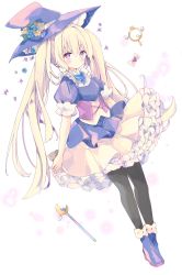 Rule 34 | 1girl, absurdres, black pantyhose, blonde hair, blue flower, blue footwear, blue hat, blue shirt, blush, boots, closed mouth, commentary, crescent, flower, hair between eyes, hair flower, hair ornament, hat, high heel boots, high heels, highres, long hair, looking at viewer, original, pantyhose, petticoat, pleated skirt, puffy short sleeves, puffy sleeves, purple eyes, purple flower, rose, shirt, short sleeves, skirt, solo, symbol-only commentary, tsukiyo (skymint), twintails, very long hair, wand, white background, witch hat, yellow flower, yellow rose, yellow skirt